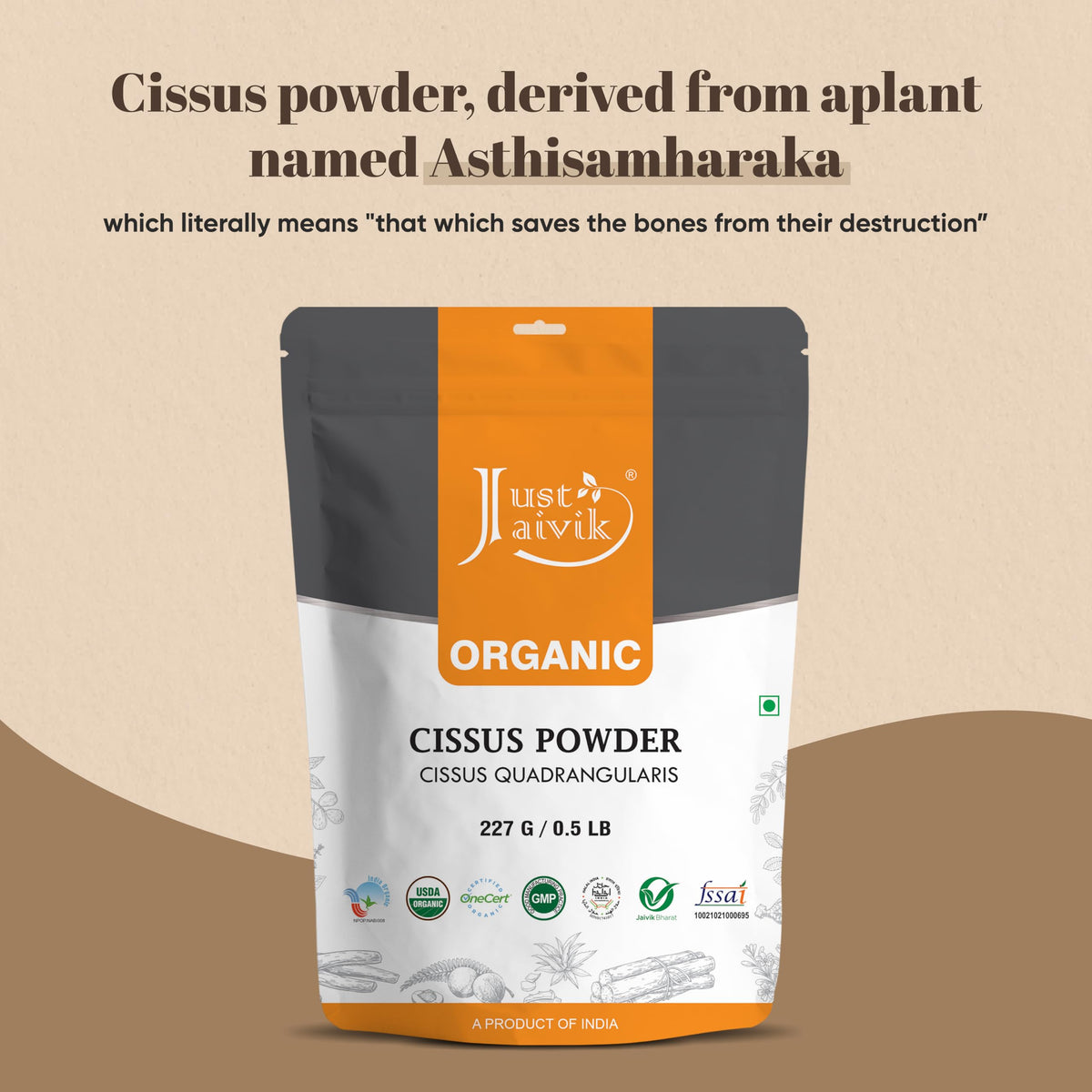 Back label of Just Jaivik Organic Cissus Powder detailing product ingredients and purity standards.