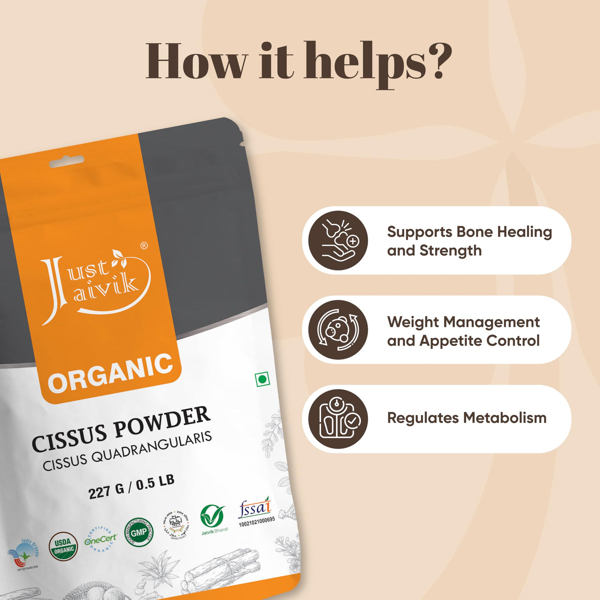 Authentic USA imported Just Jaivik Cissus powder bag for muscle and joint support wellness.