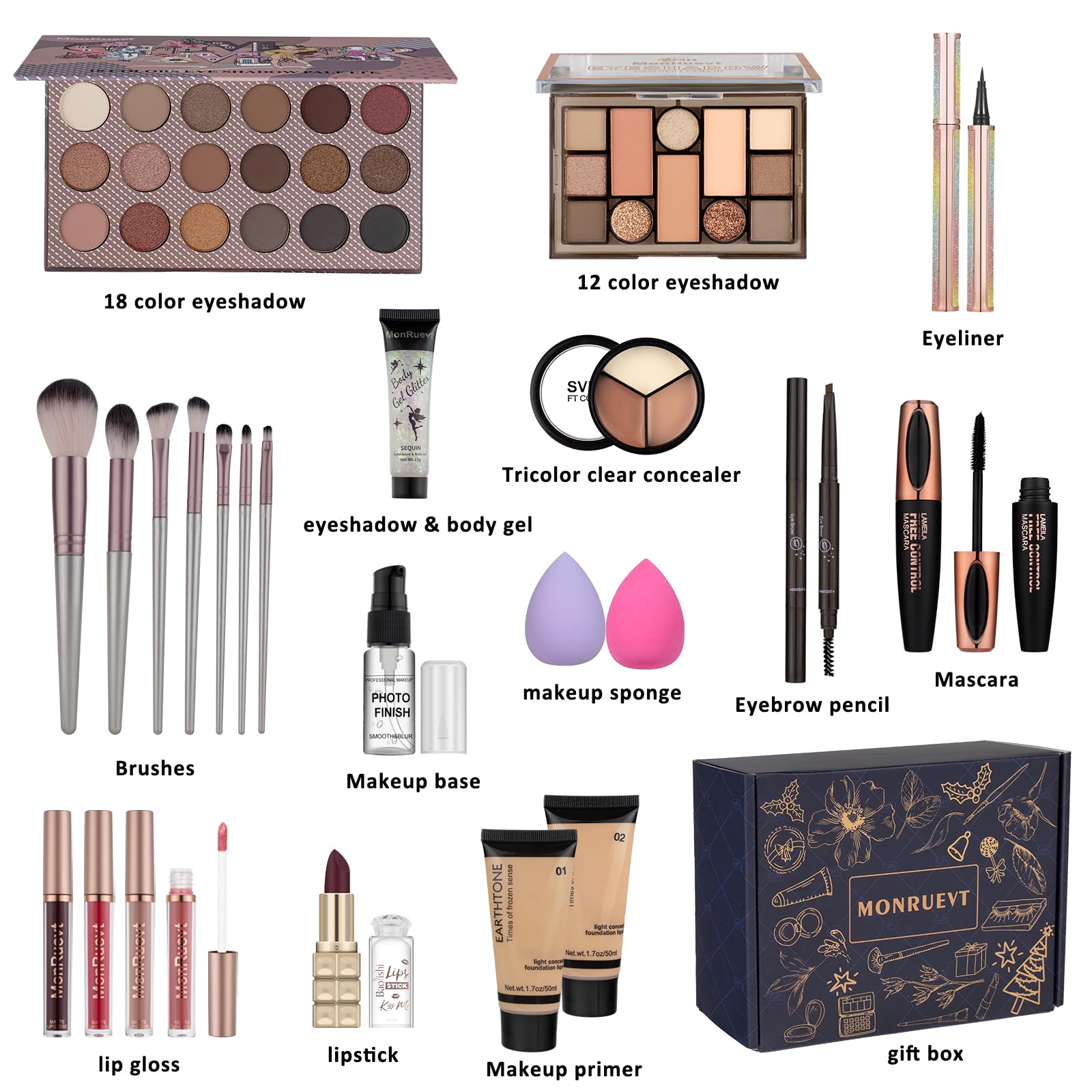 MONRUEVT complete cosmetics set with premium brushes and concealer on display