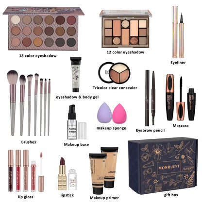 MONRUEVT complete cosmetics set with premium brushes and concealer on display