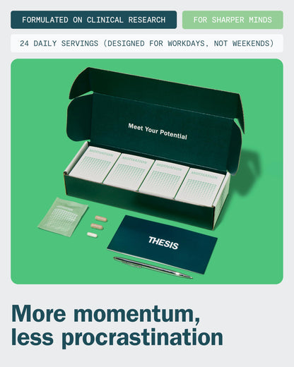 Thesis Motivation formula capsules layout displaying premium USA imported brain health ingredients