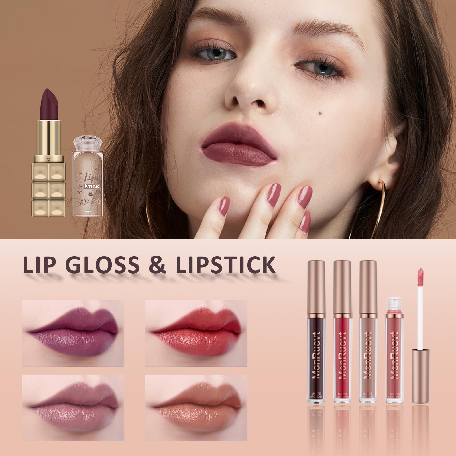 MONRUEVT waterproof makeup kit showing matte and shimmer eyeshadow shades close up