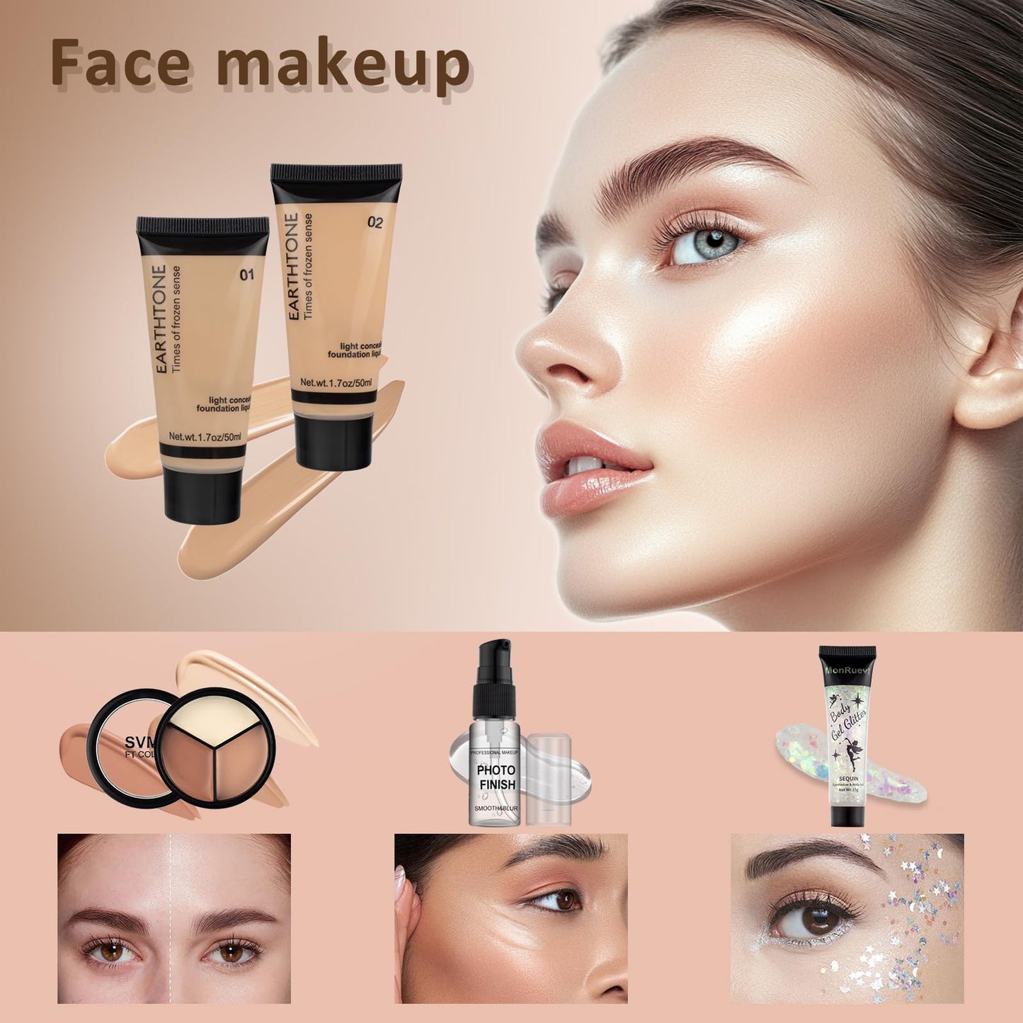 MONRUEVT makeup starter kit displaying ten professional blending brushes and sponges
