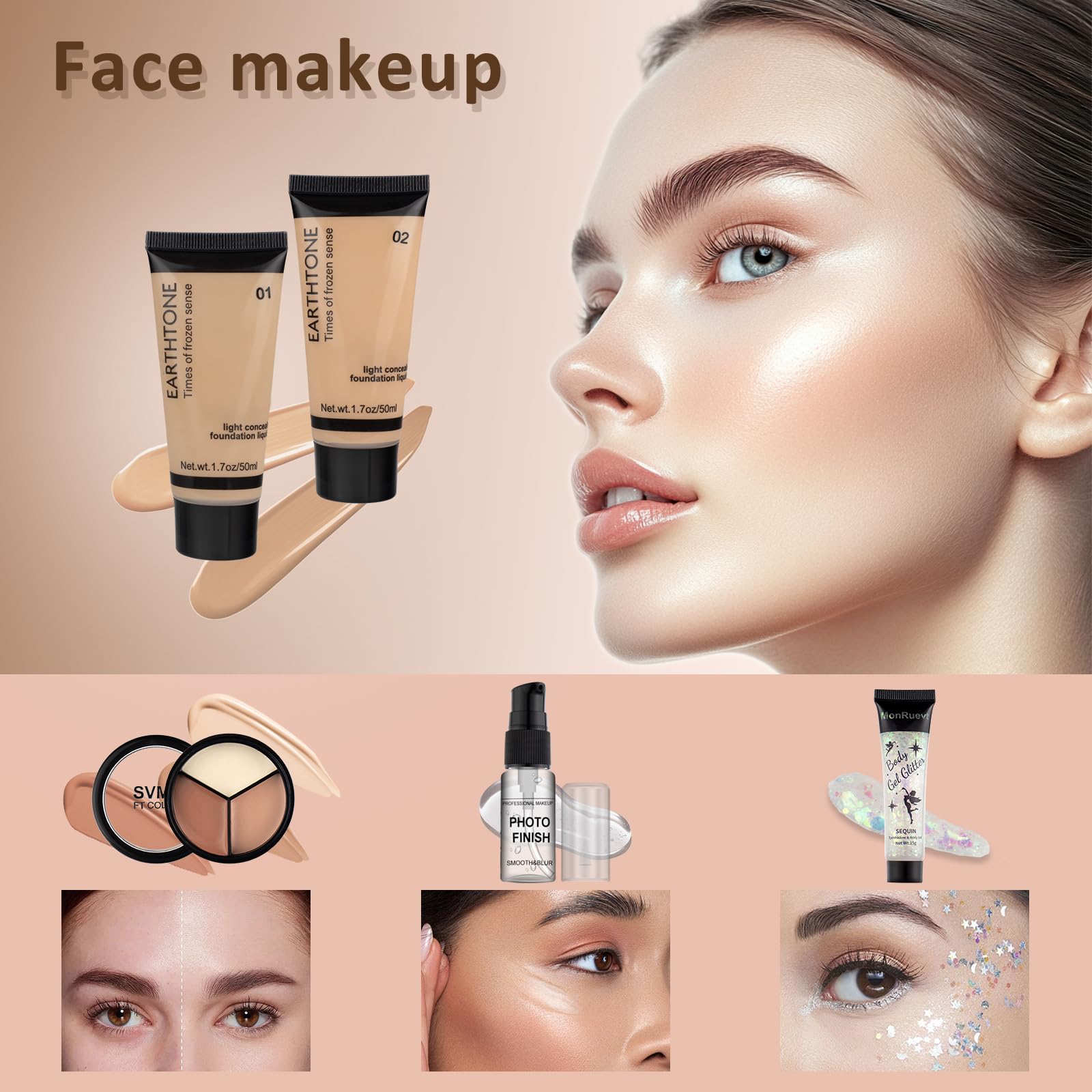 MONRUEVT makeup starter kit displaying ten professional blending brushes and sponges