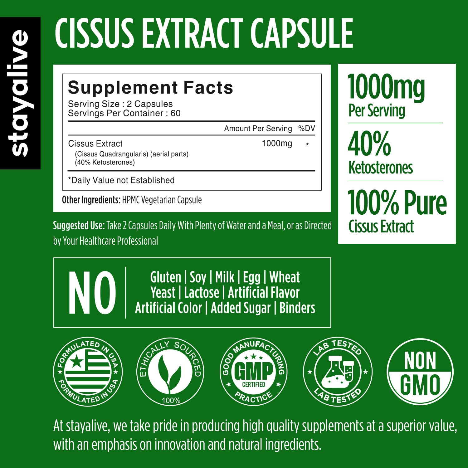 Stay Alive Cissus Quadrangularis joint support supplement label details and instructions