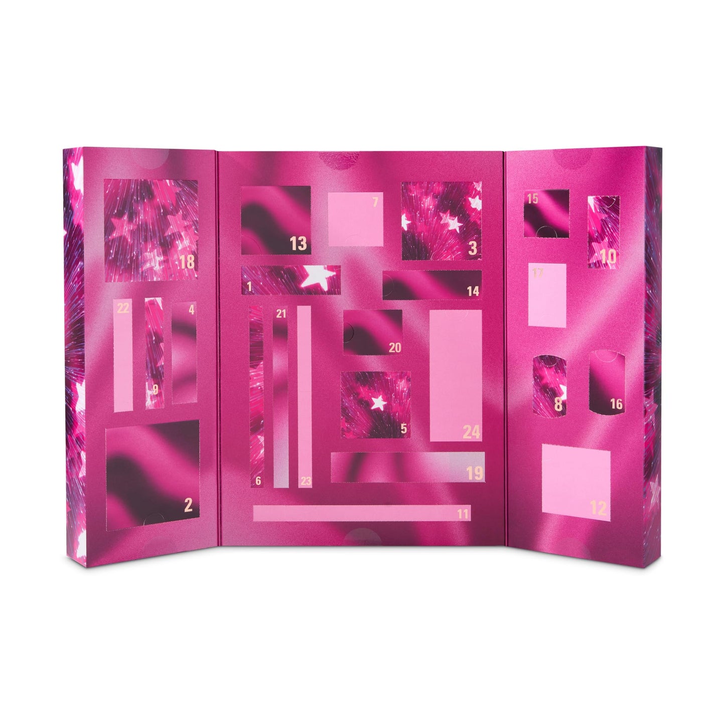 Collection of vegan lip glosses eyeshadow palettes and face highlighters from the advent calendar