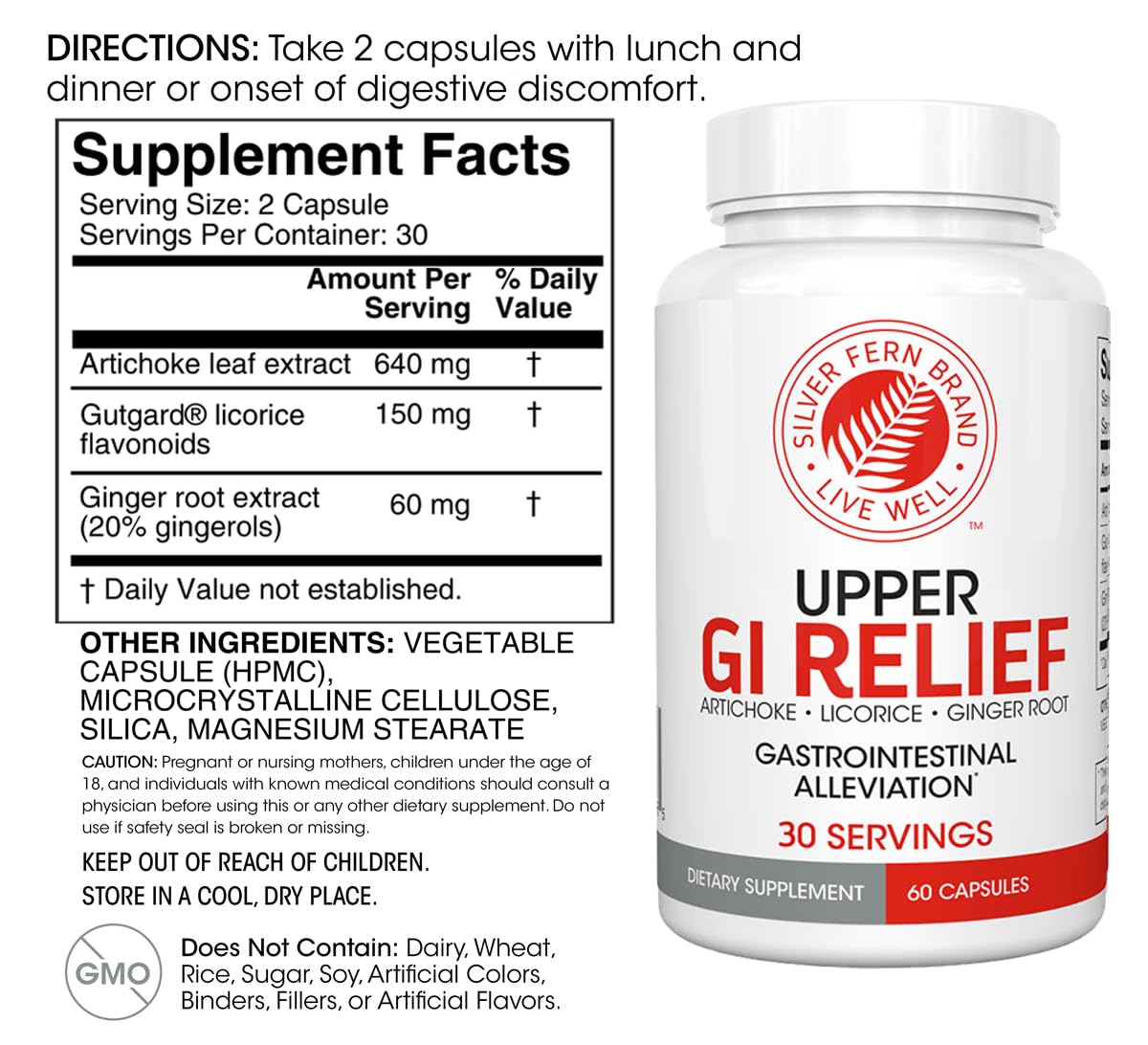 Silver Fern GI Relief natural herbal supplement bottle with ingredients label visible.