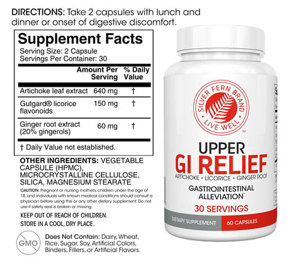 Silver Fern GI Relief natural herbal supplement bottle with ingredients label visible.