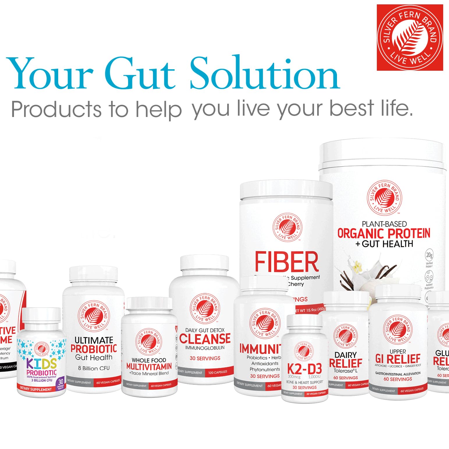 Silver Fern Brand gastrointestinal relief supplement capsules for upper stomach comfort.