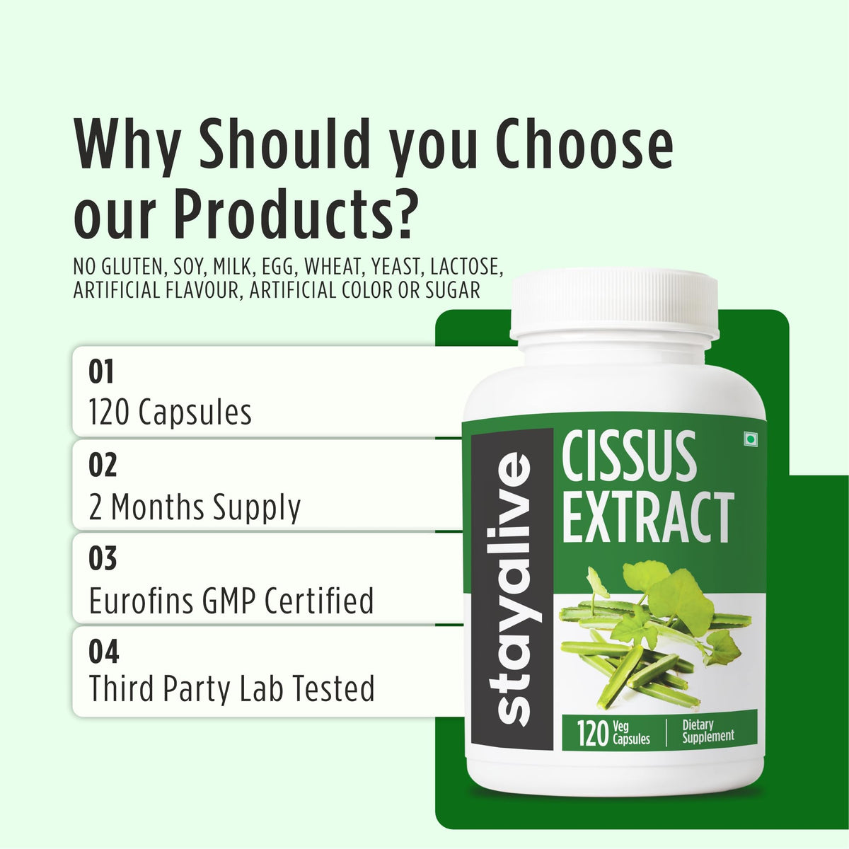 Stay Alive premium wellness capsules showing supplement facts and purity standard seals