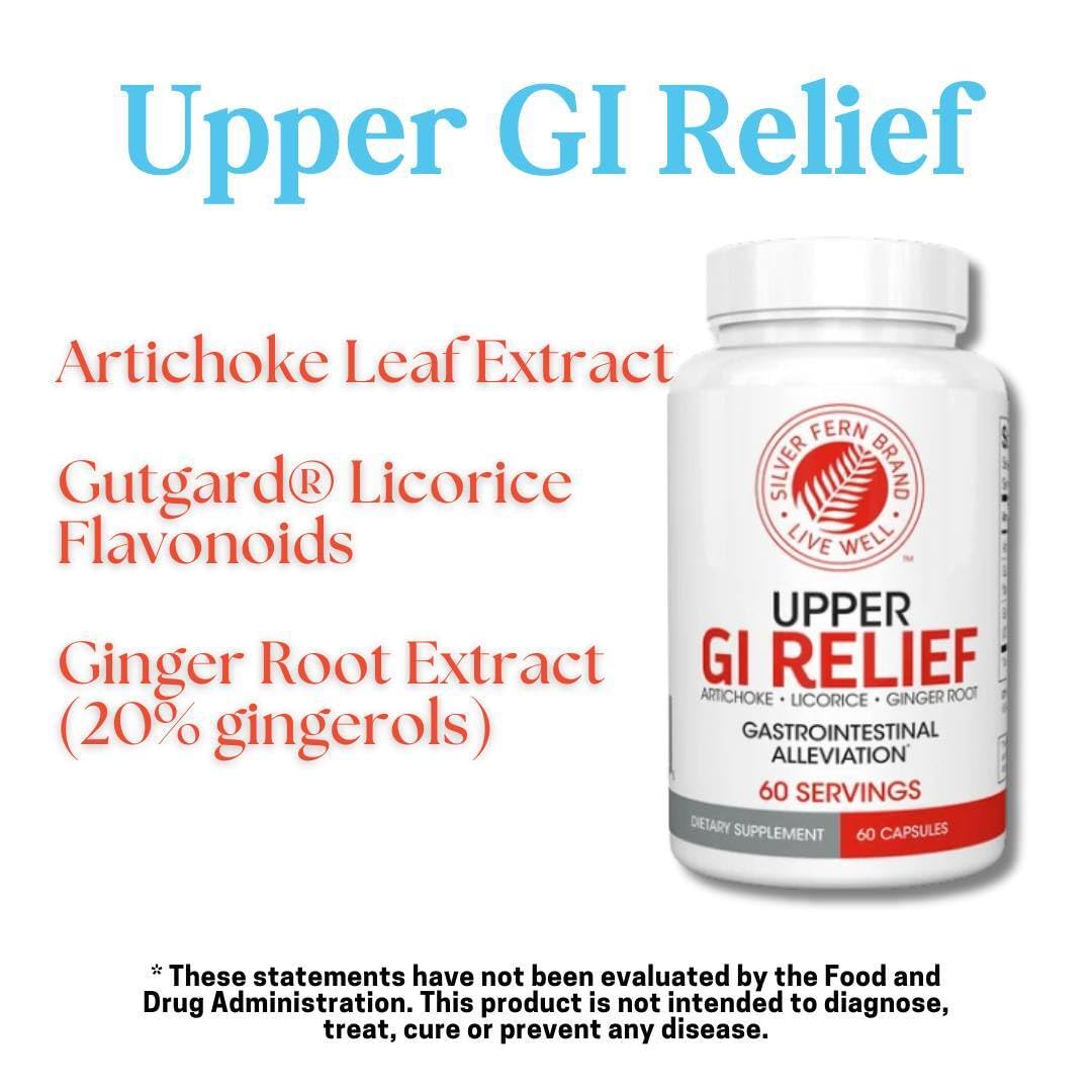 Side profile of Silver Fern upper gastrointestinal relief bottle showing usage directions.
