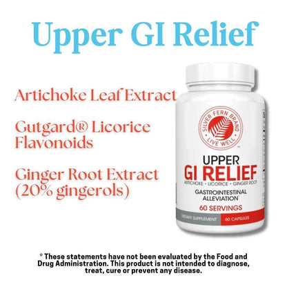 Side profile of Silver Fern upper gastrointestinal relief bottle showing usage directions.