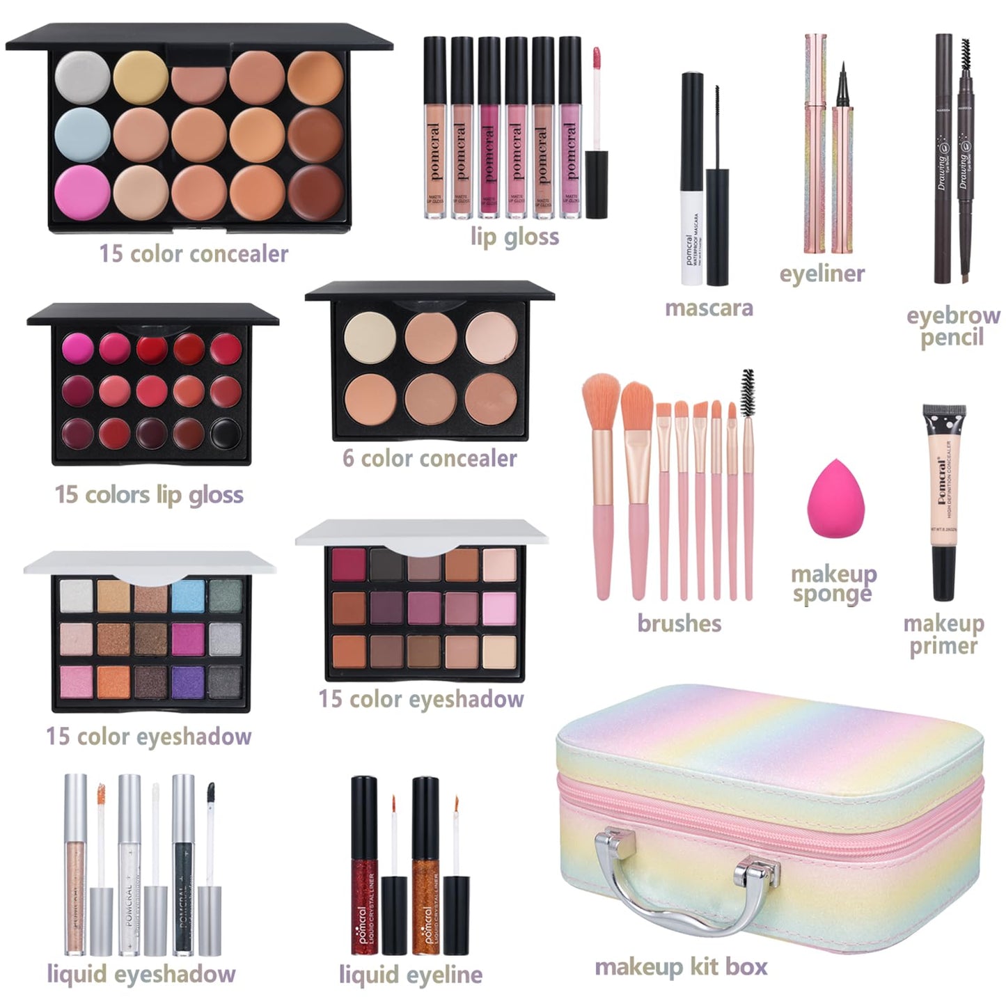 Pomcral professional cosmetic set displaying multi color liquid lipsticks and concealer palette options