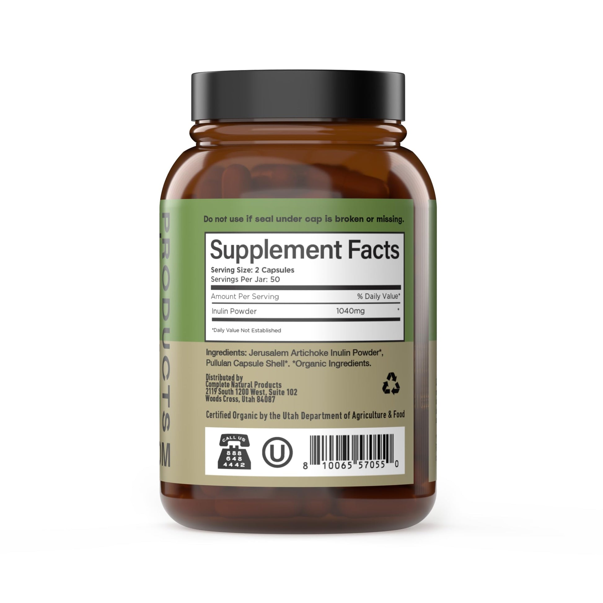 Complete Natural Products Organic Inulin plant based capsules displayed beside the dietary supplement packaging.