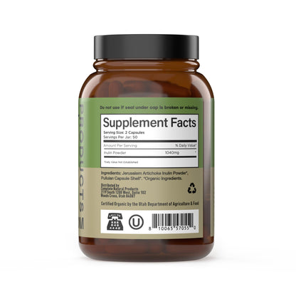Complete Natural Products Organic Inulin plant based capsules displayed beside the dietary supplement packaging.