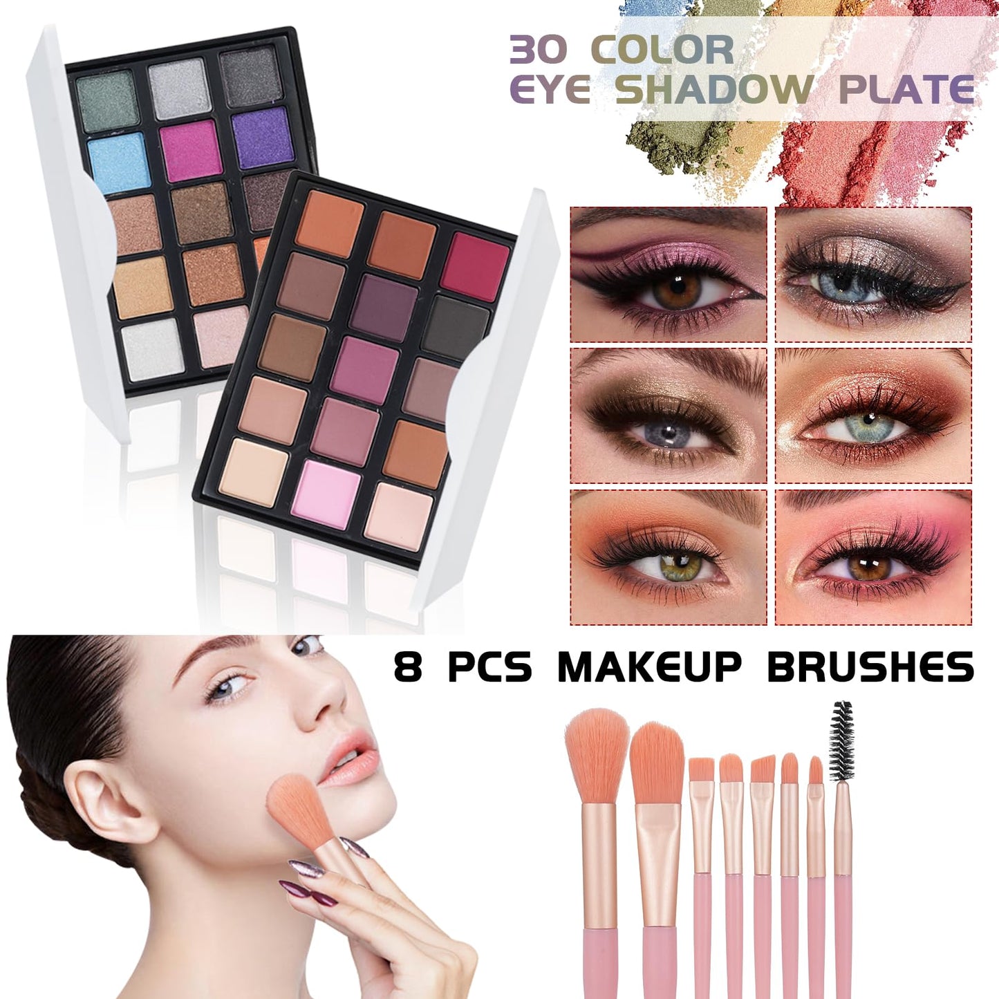 Close up of soft makeup brushes and eye pencils included in the beginner vanity box