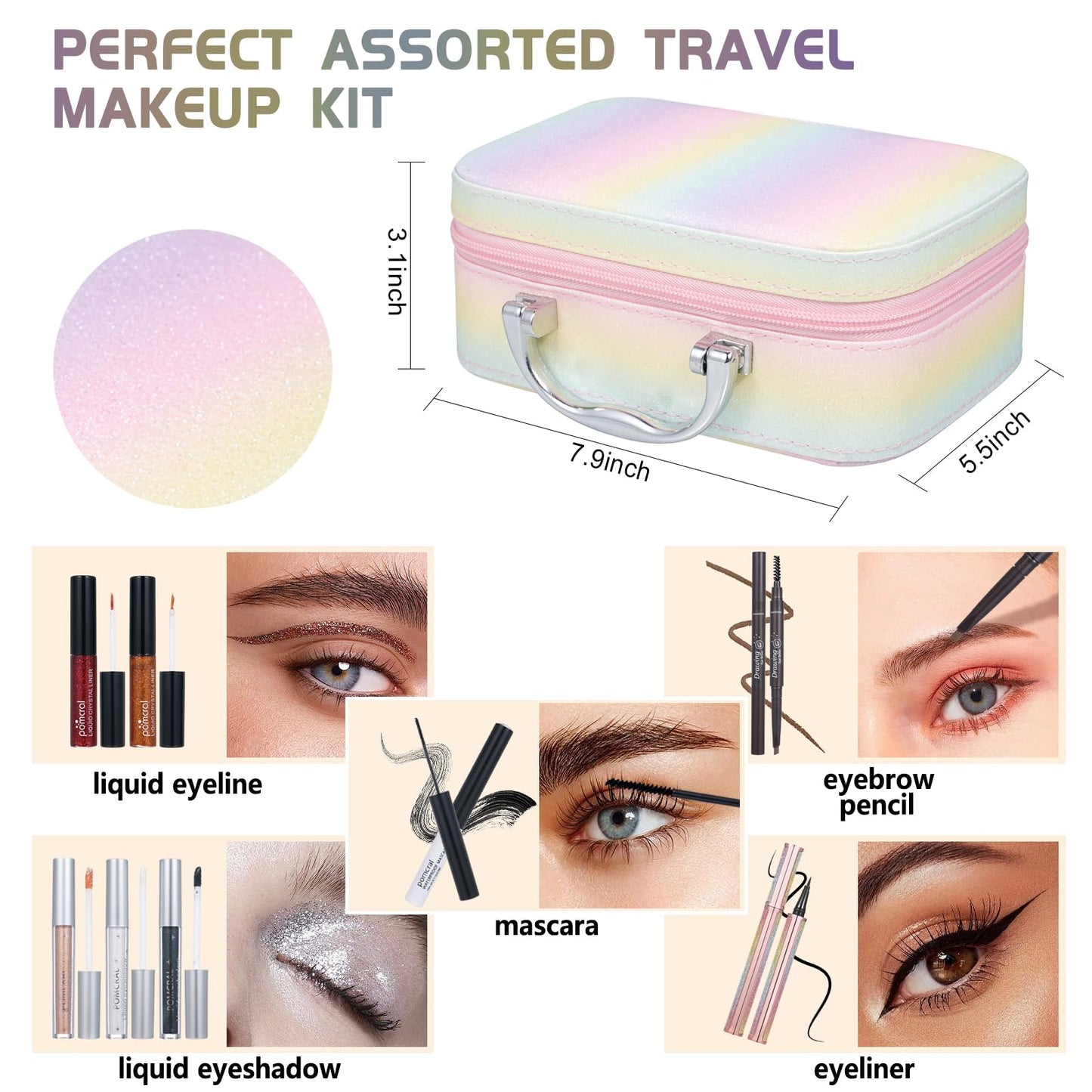 Pomcral comprehensive makeup collection neatly packed inside the pastel travel case container
