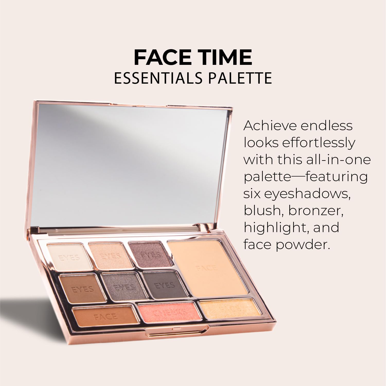 Luminess Face Time Palette close-up showing texture of matte and shimmer powder formulations.