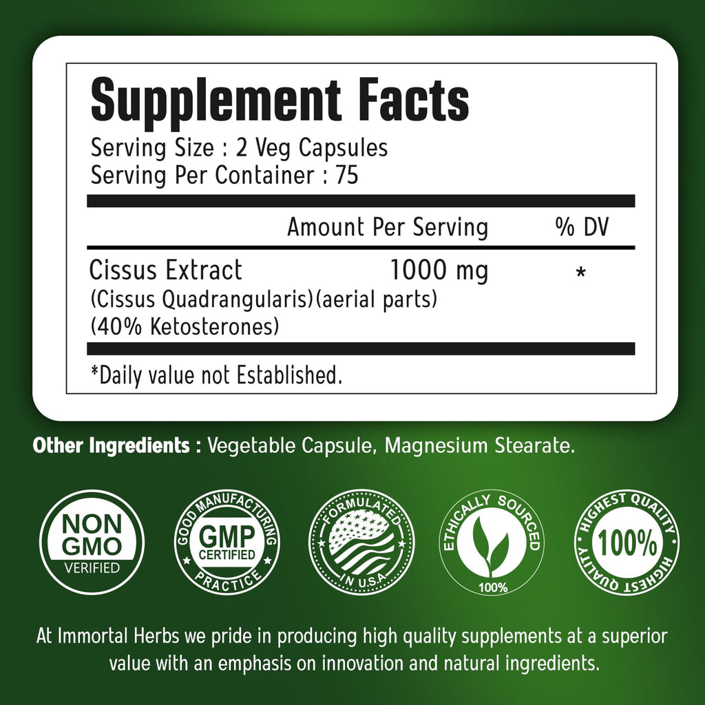 Immortal Herbs Cissus capsules ingredient label showing forty percent ketosterones