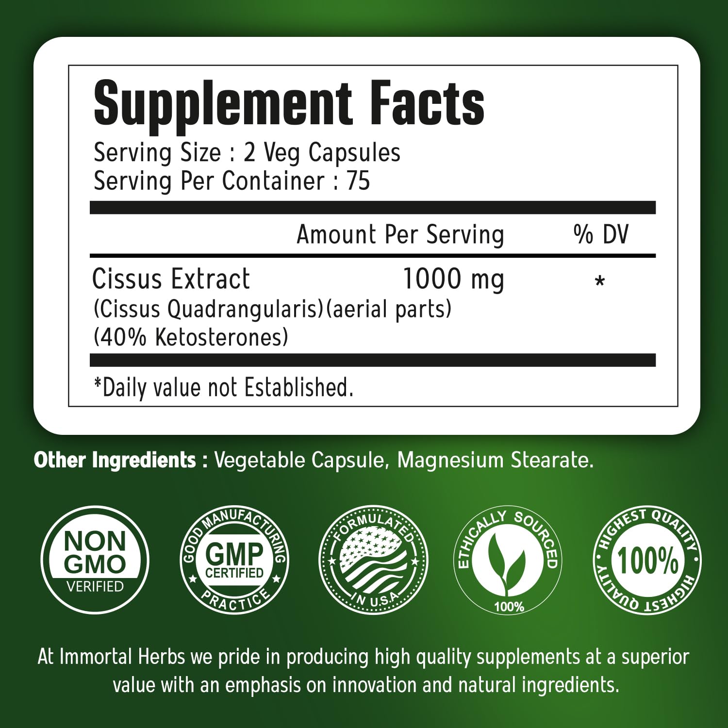 Immortal Herbs Cissus capsules ingredient label showing forty percent ketosterones