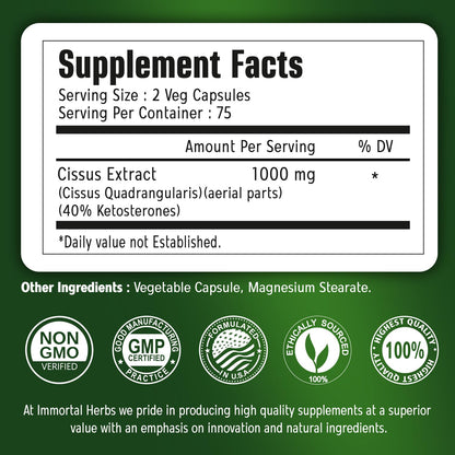 Immortal Herbs Cissus capsules ingredient label showing forty percent ketosterones