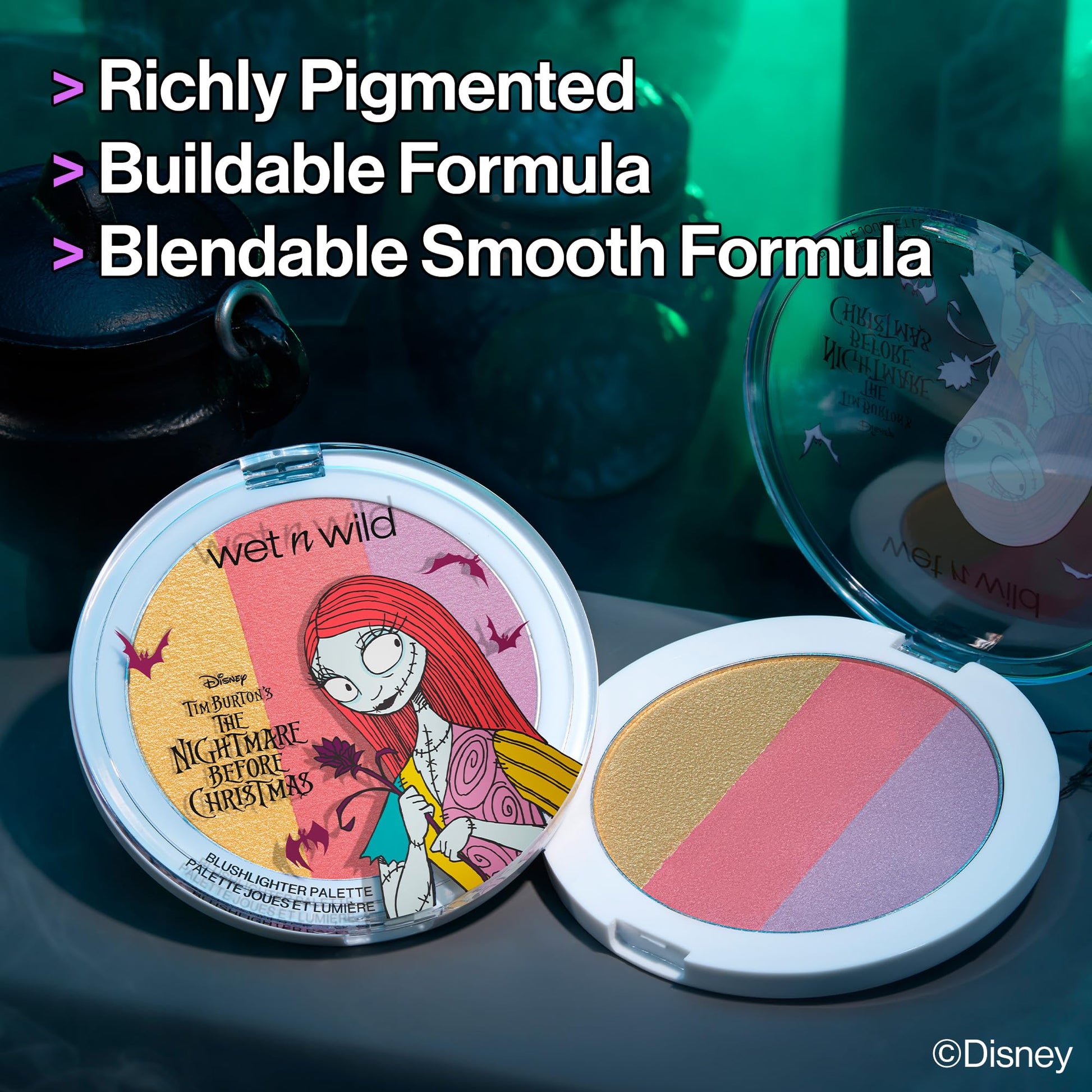 Wet n wild Disney Nightmare Before Christmas eye and face palette close up showing character shades