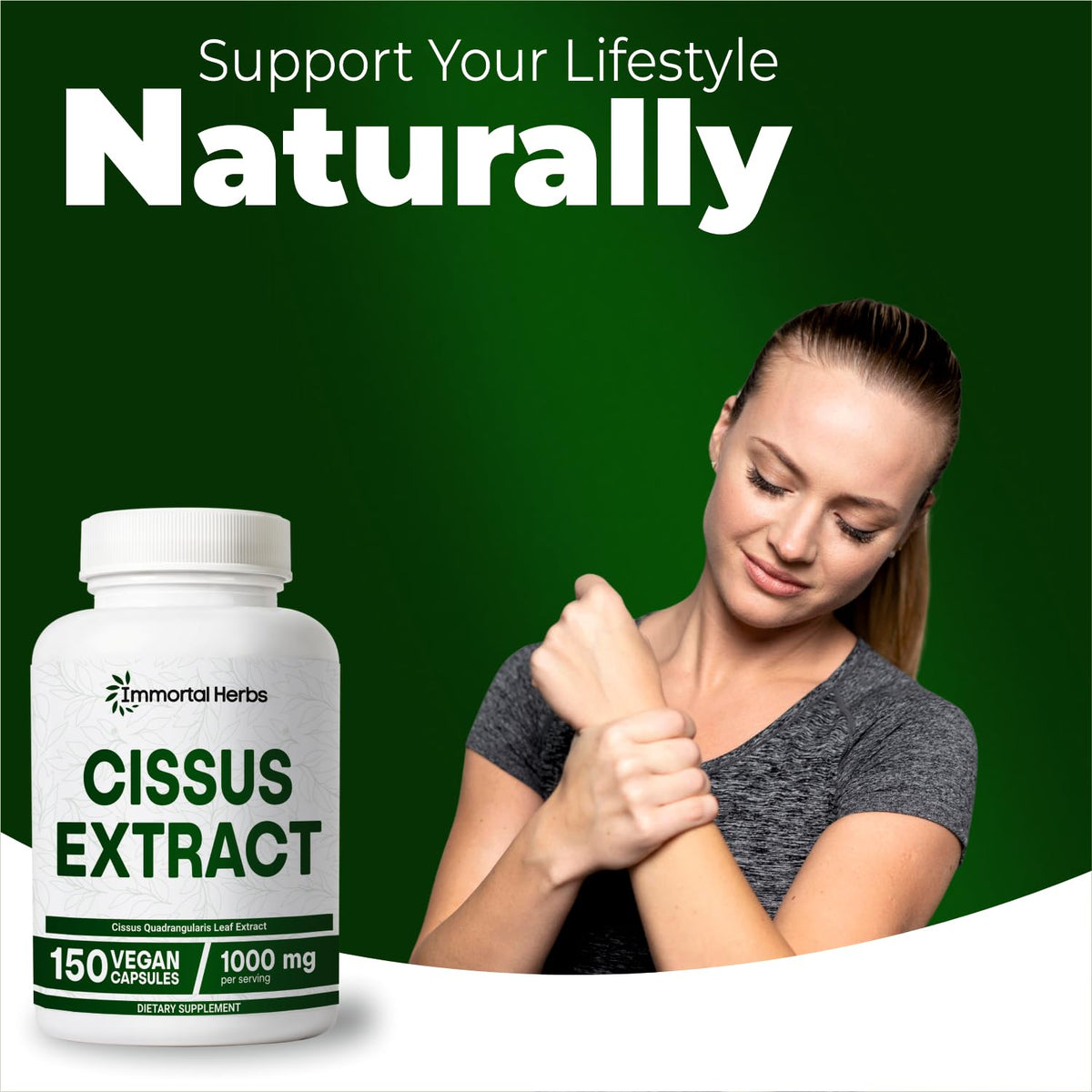 Immortal Herbs high strength pure extract capsule layout showing daily dose supply