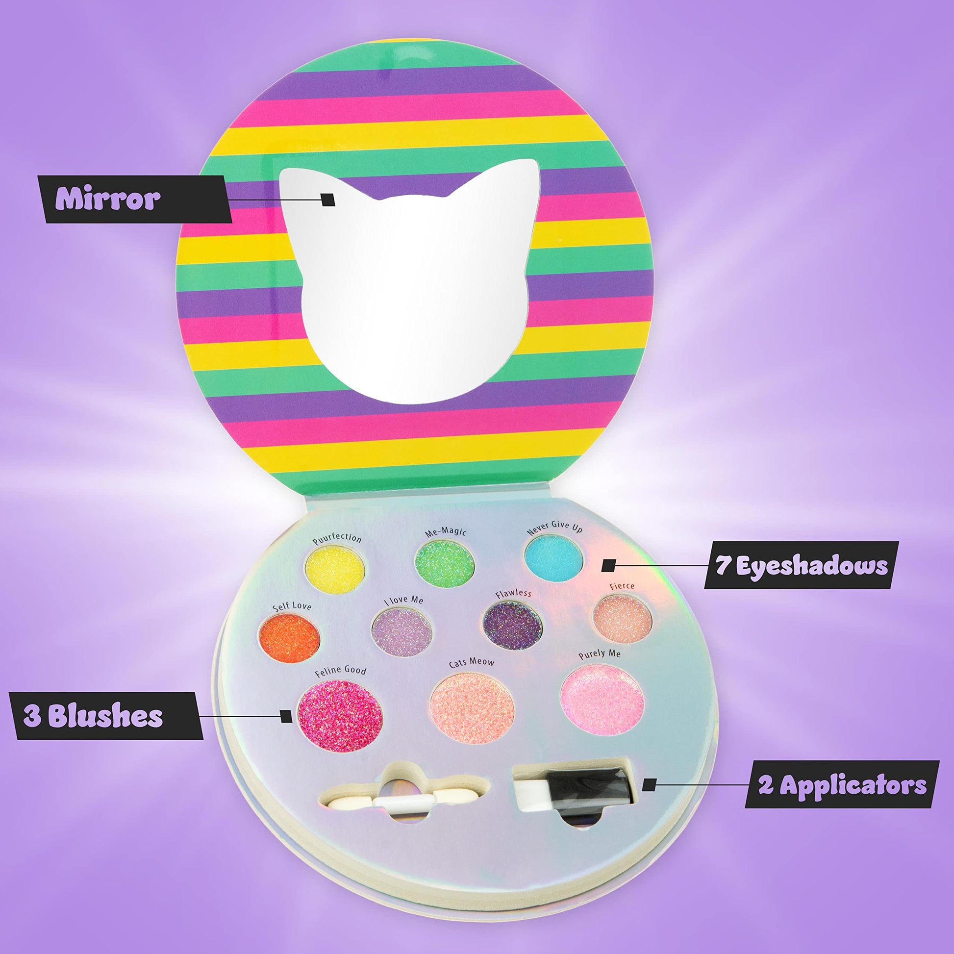 Expressions Perfectly Me Glisten and Glitter Makeup Palette opened fold out compact displaying ten eyeshadow and blush shades