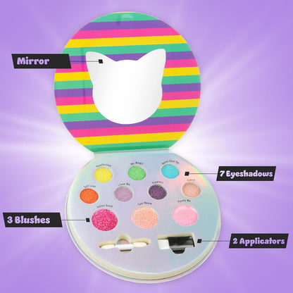 Expressions Perfectly Me Glisten and Glitter Makeup Palette opened fold out compact displaying ten eyeshadow and blush shades
