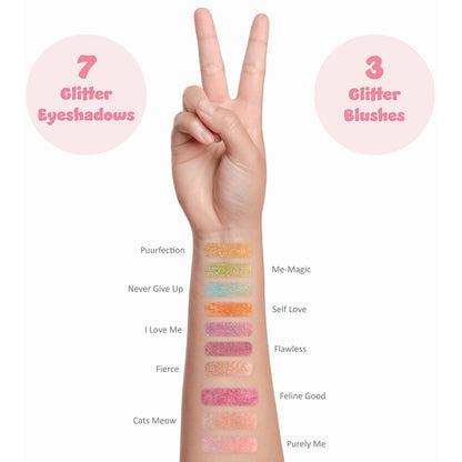 Expressions Perfectly Me Glisten and Glitter Makeup Palette featuring the built in kitty cat shaped vanity mirror