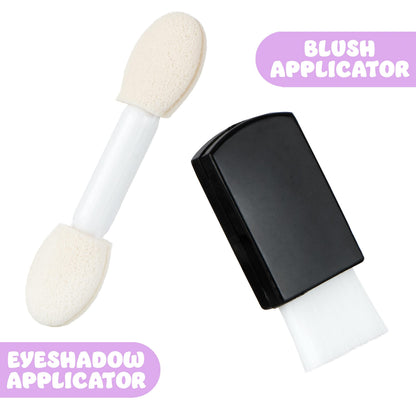 Expressions Perfectly Me Glisten and Glitter Makeup Palette showing the included eyeshadow applicator and blush brushes