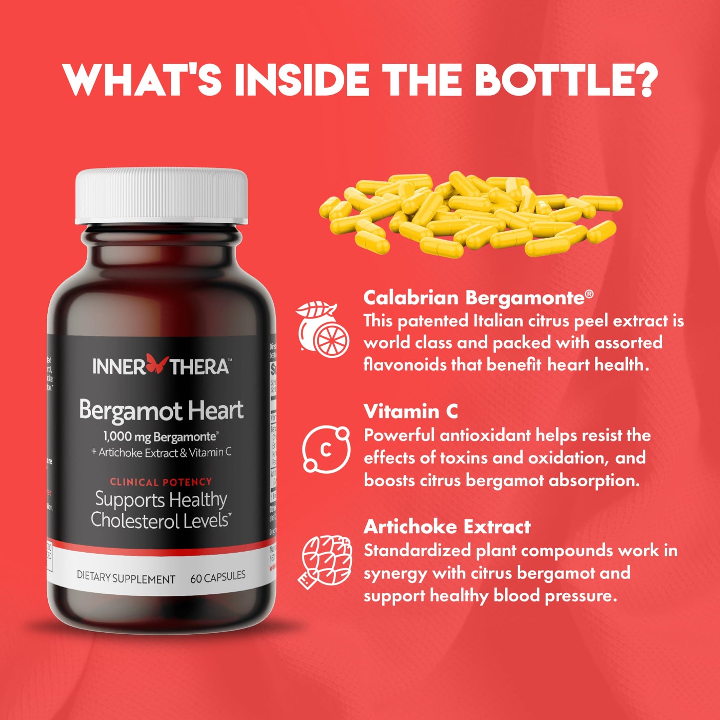 Side angle view of InnerThera Citrus Bergamot extra strength heart support capsules container outlining quality standards