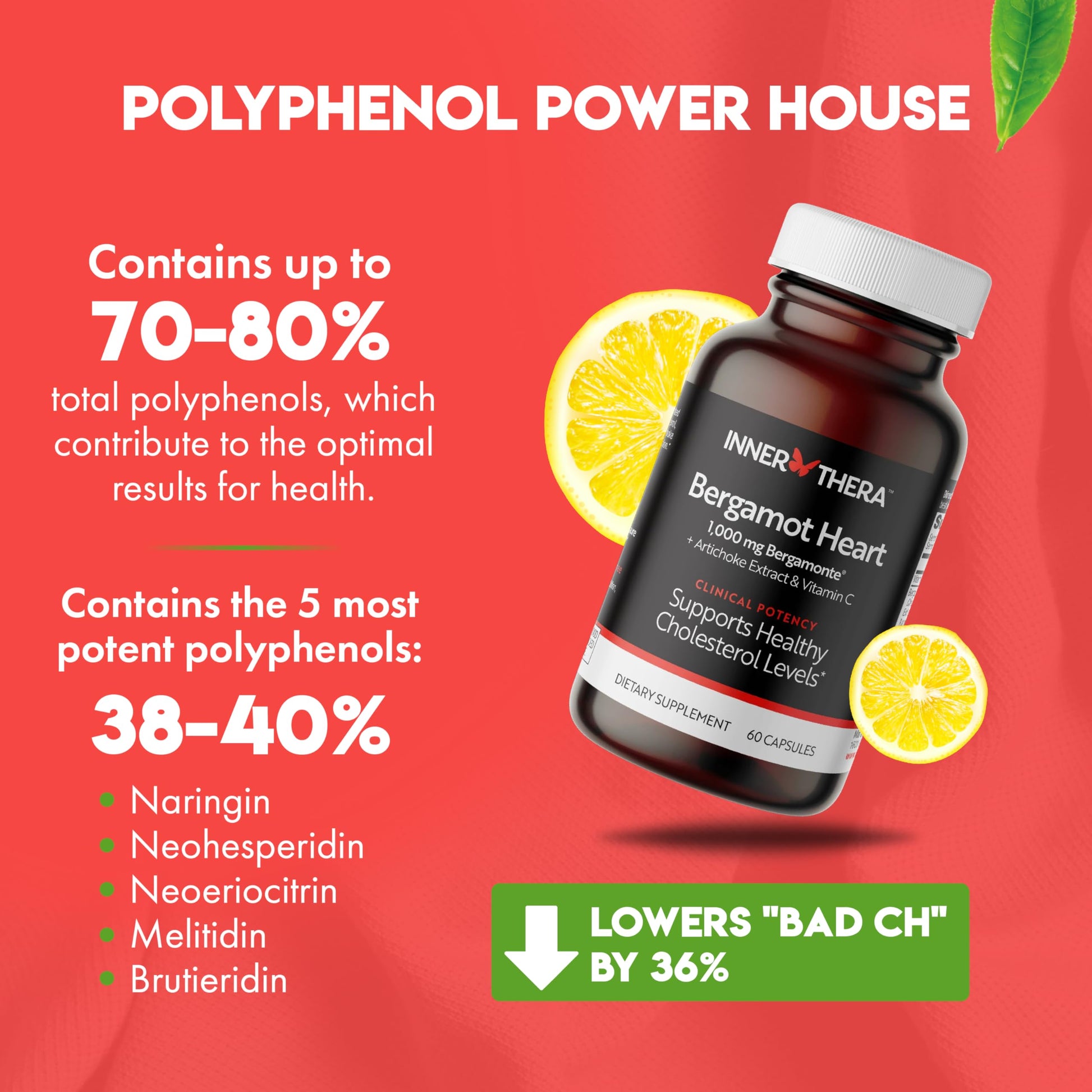 Authentic InnerThera Bergamot Heart supplement packaging highlighting dietary parameters and serving sizes