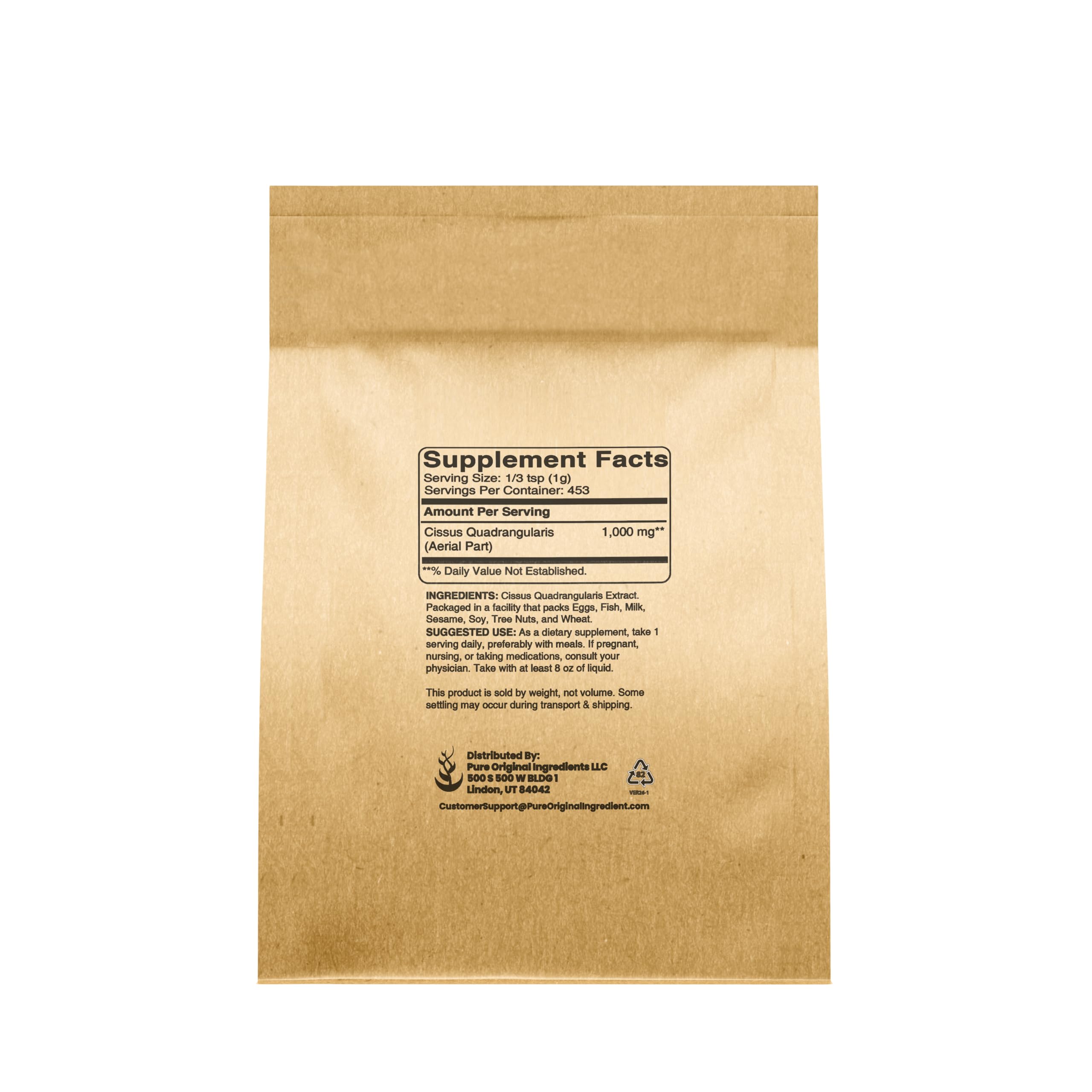 Pure Original Ingredients Hadjod extract powder nutritional information and single ingredient label.