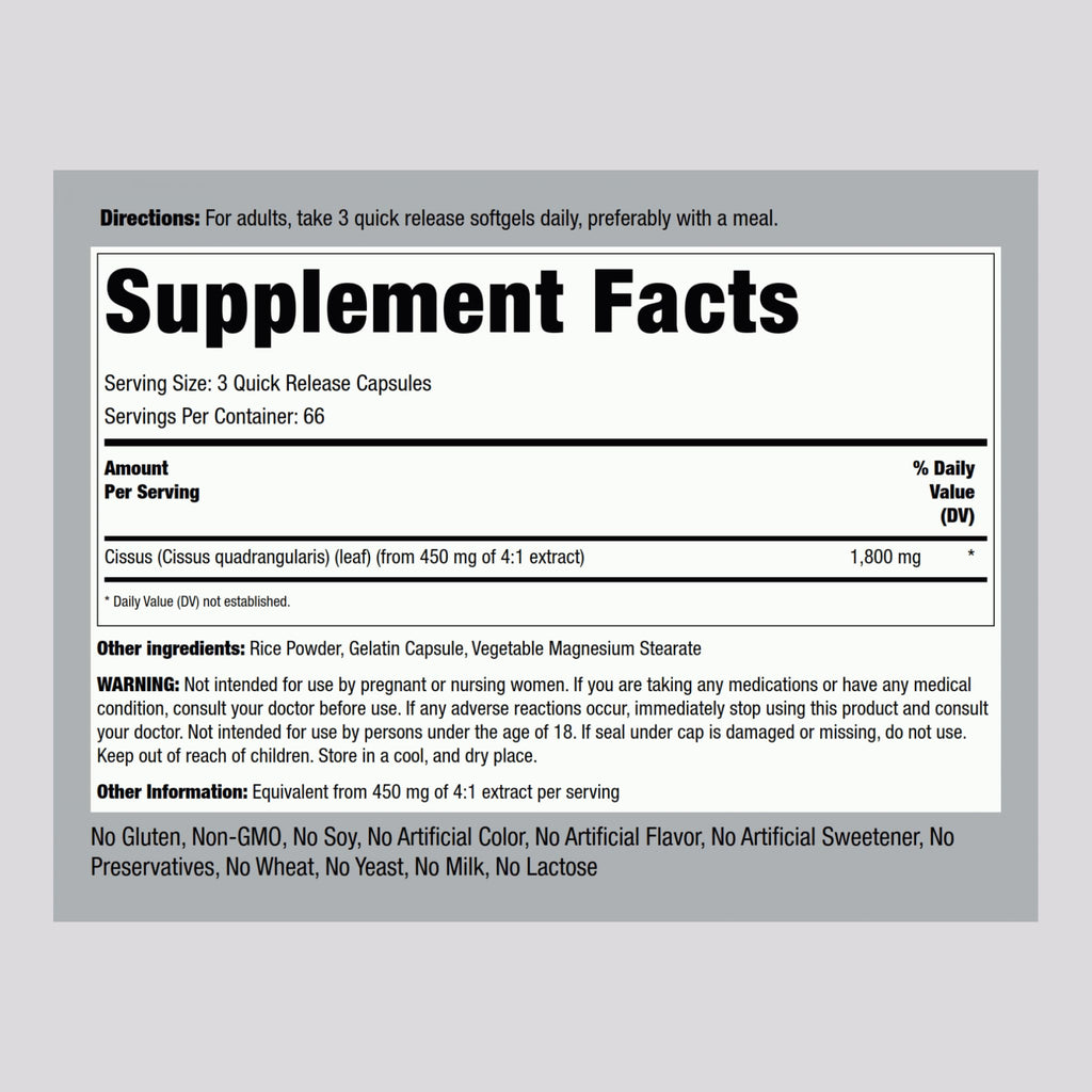 Piping Rock Ultra Concentrated Cissus 1800 mg bottle showcasing supplement facts