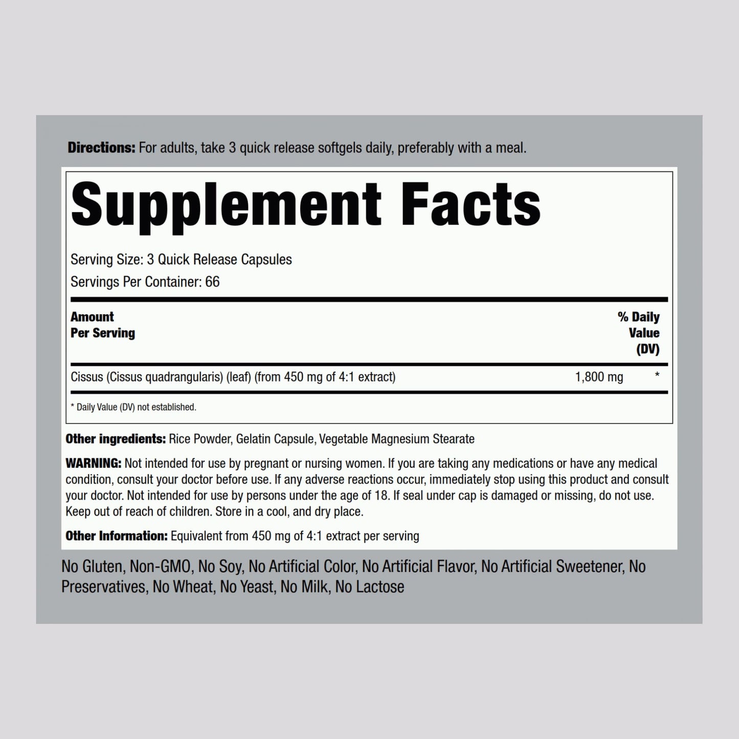 Piping Rock Ultra Concentrated Cissus 1800 mg bottle showcasing supplement facts