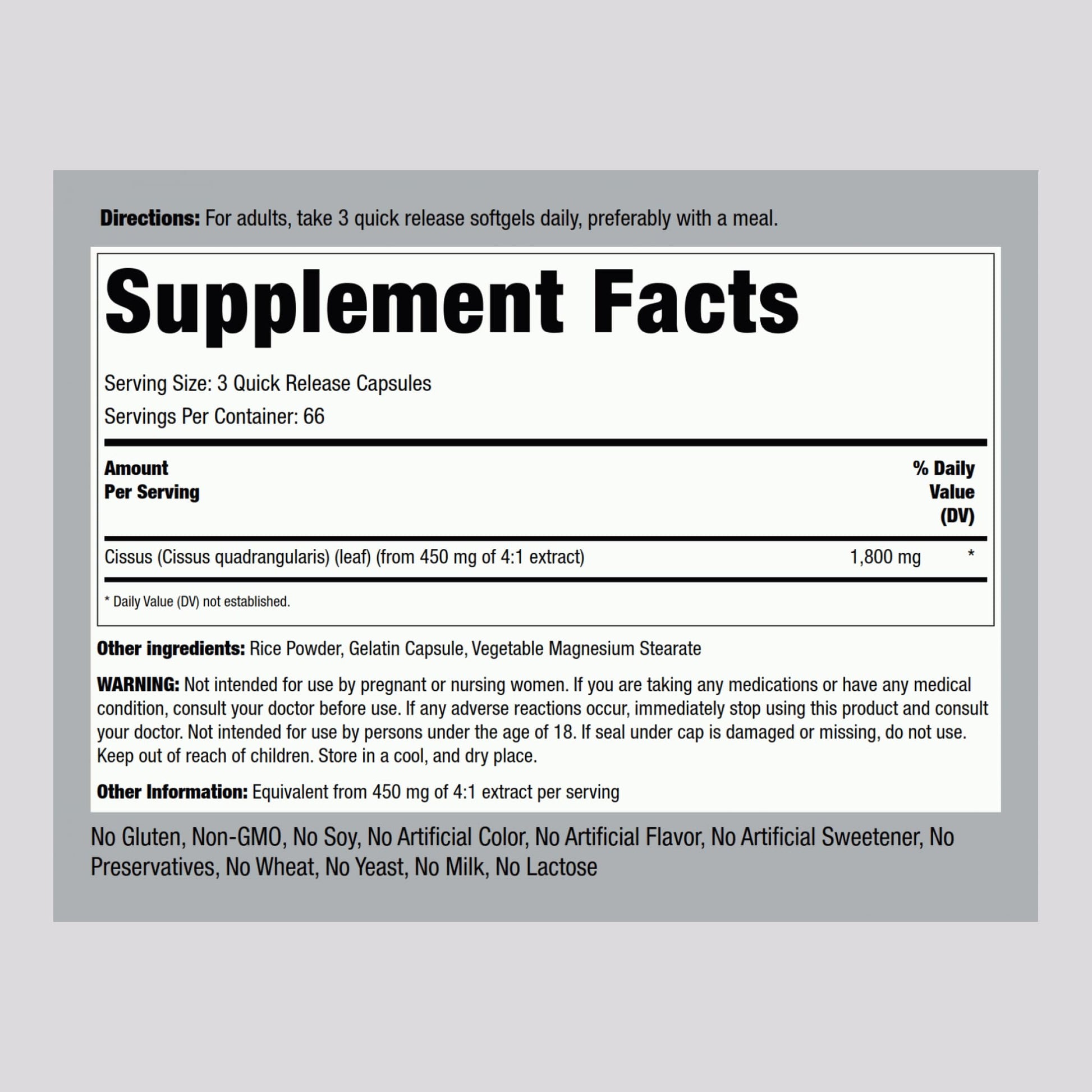 Piping Rock Ultra Concentrated Cissus 1800 mg bottle showcasing supplement facts