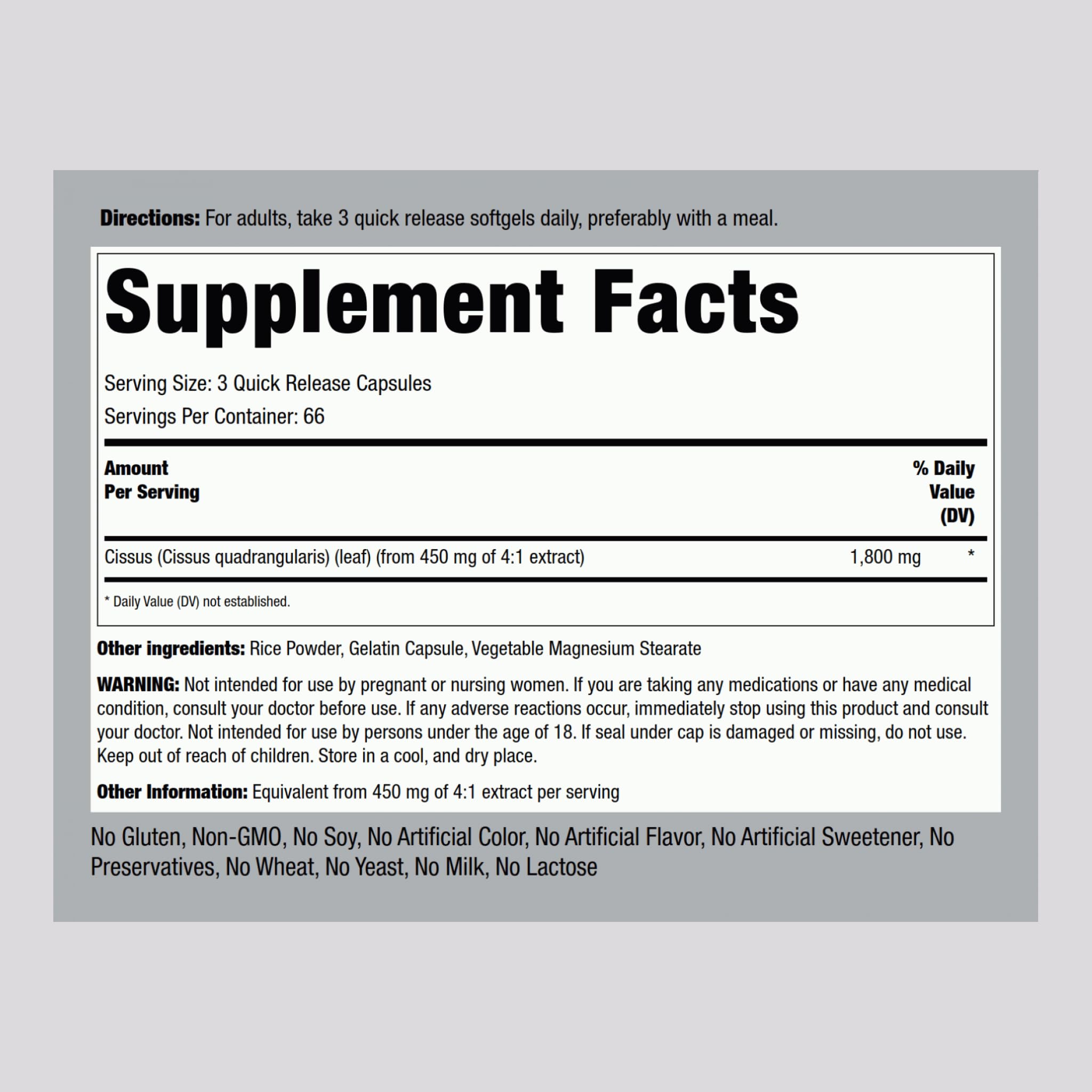 Piping Rock Ultra Concentrated Cissus 1800 mg bottle showcasing supplement facts