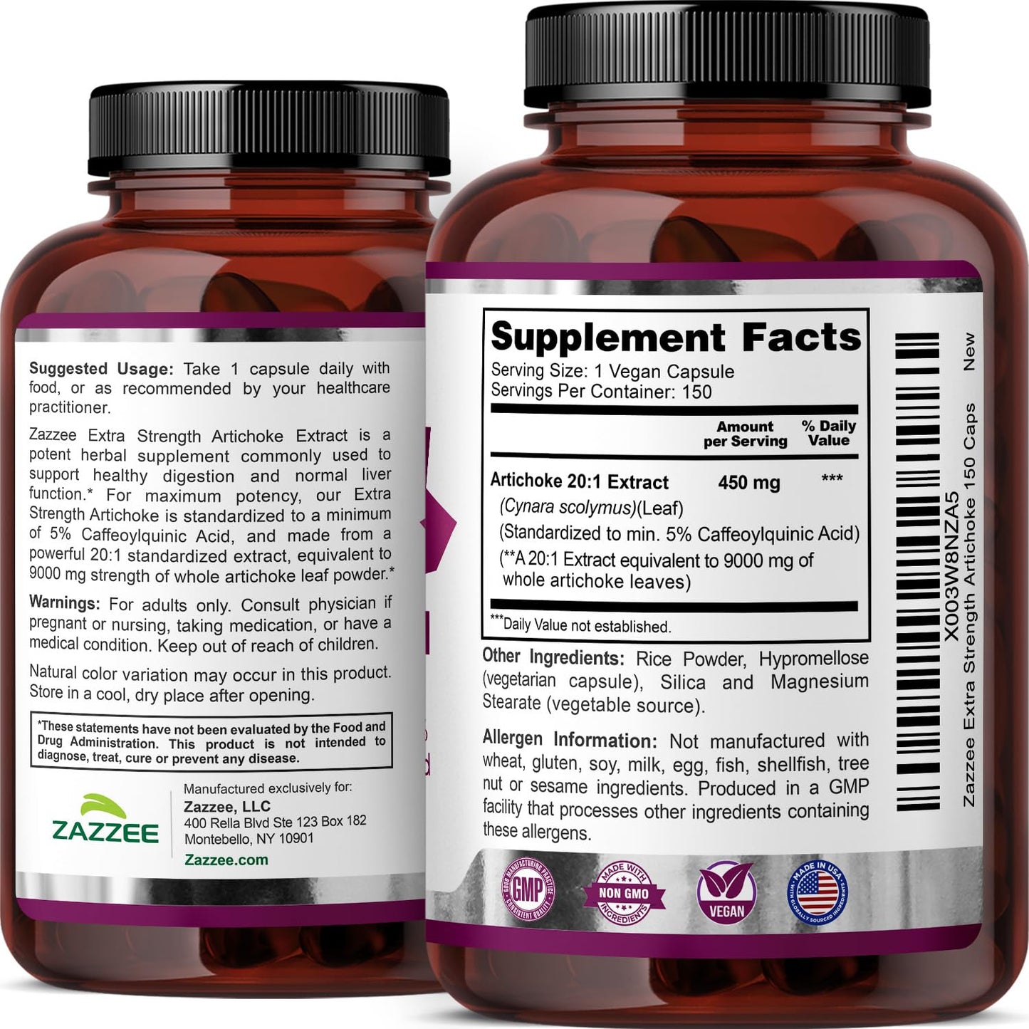 Authentic Zazzee Artichoke leaf capsule dietary supplement for natural detoxification