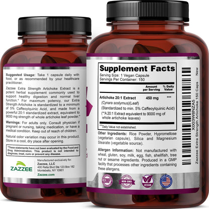 Authentic Zazzee Artichoke leaf capsule dietary supplement for natural detoxification