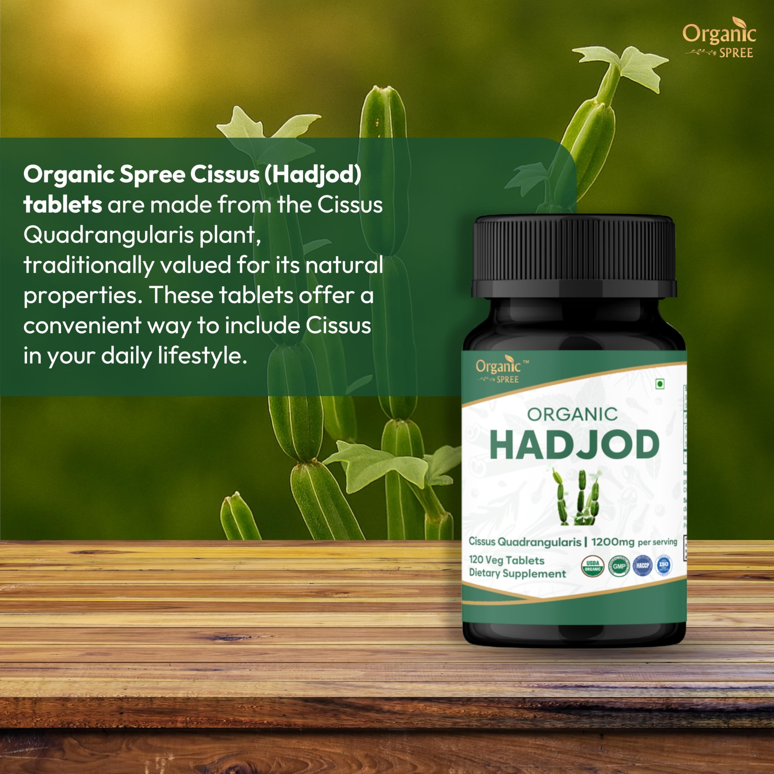 Organic Spree Cissus Quadrangularis supplement bottle highlighting joint health support benefits