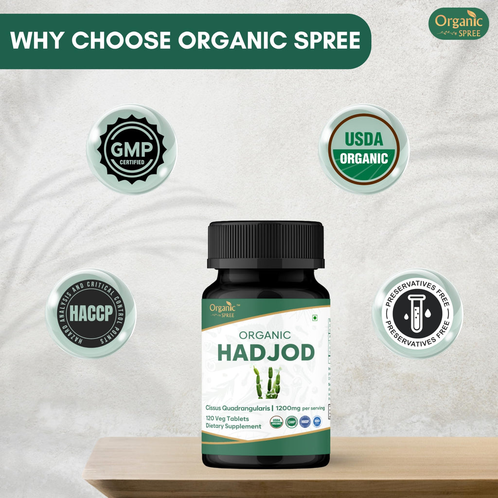 Premium Organic Spree Hadjod herbal supplement bottle displaying accurate usage instructions