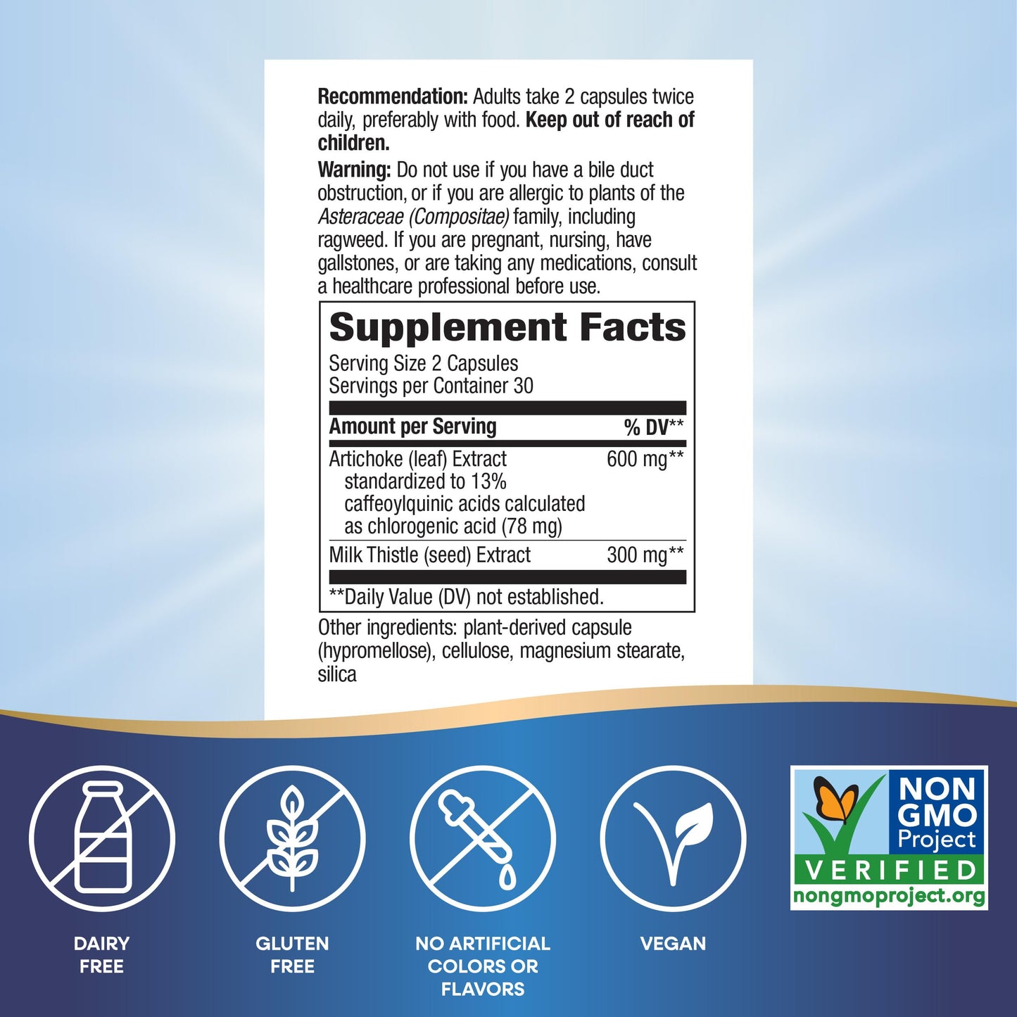 Nature's Way Artichoke supplement bottle showing allergen free certifications