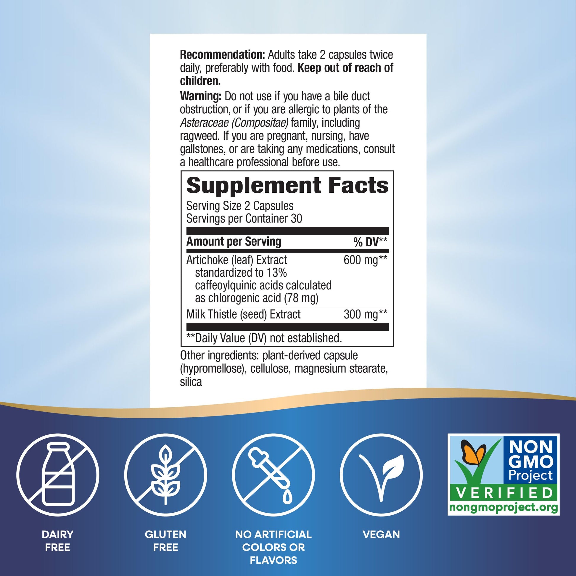 Nature's Way Artichoke supplement bottle showing allergen free certifications