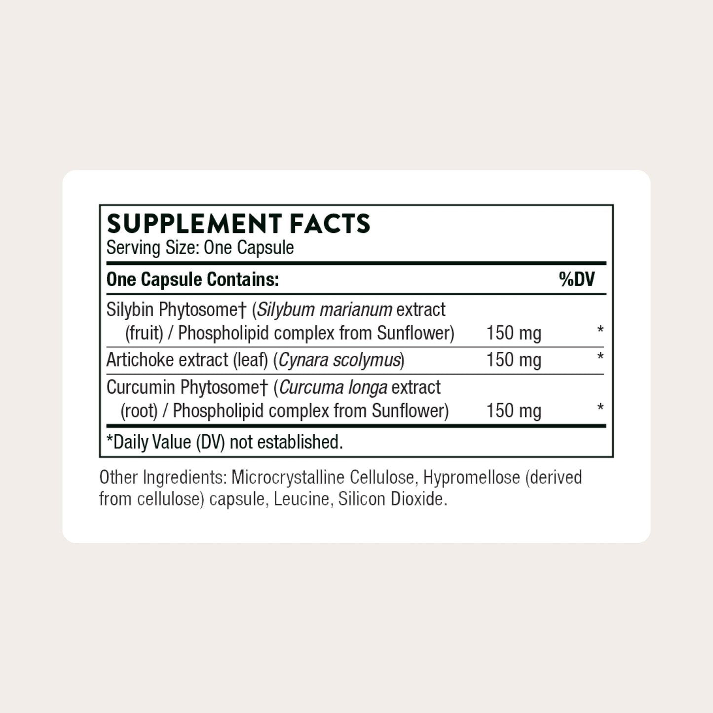 Thorne S.A.T. supplement facts label outlining silymarin artichoke and turmeric dosages