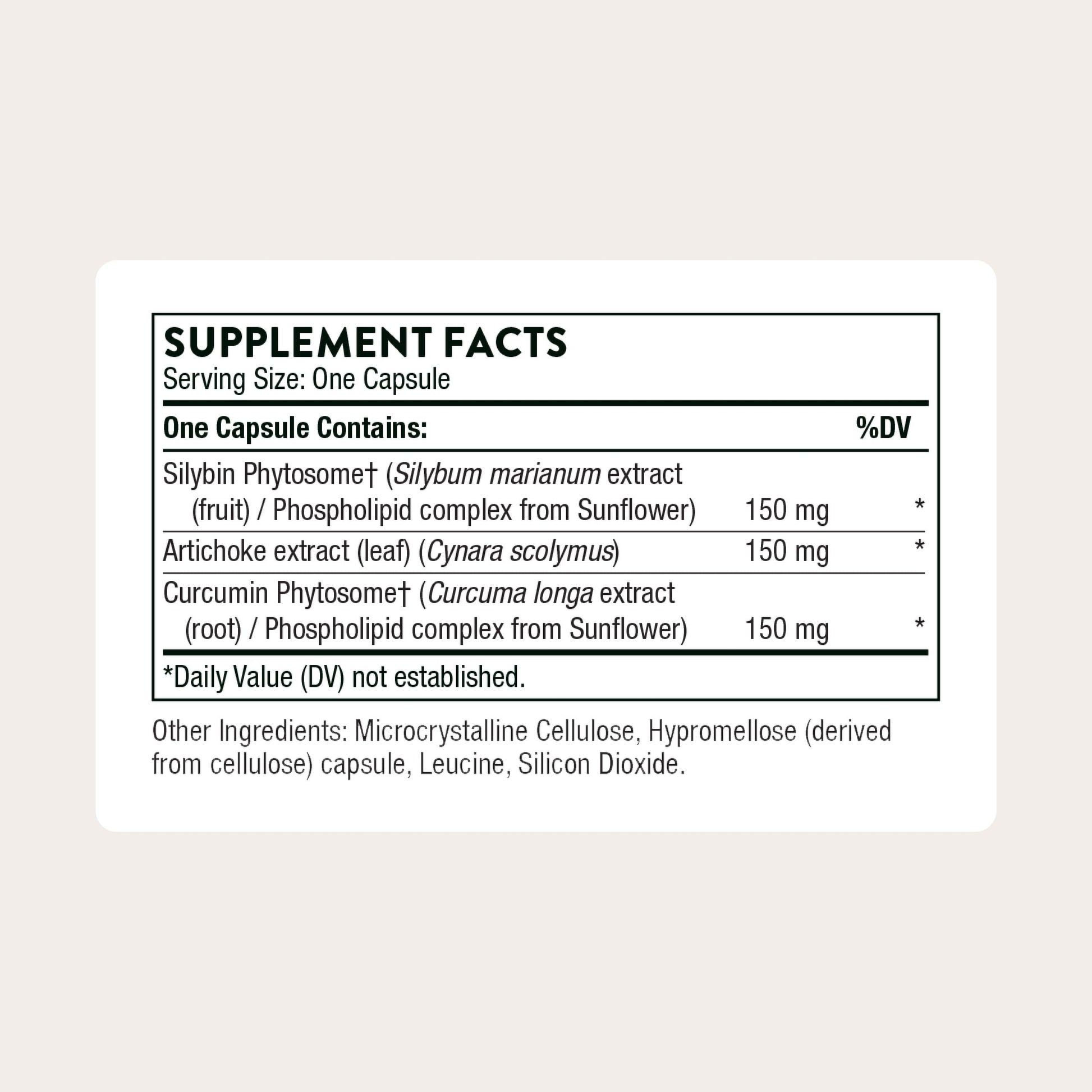Thorne S.A.T. supplement facts label outlining silymarin artichoke and turmeric dosages