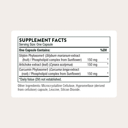 Thorne S.A.T. supplement facts label outlining silymarin artichoke and turmeric dosages