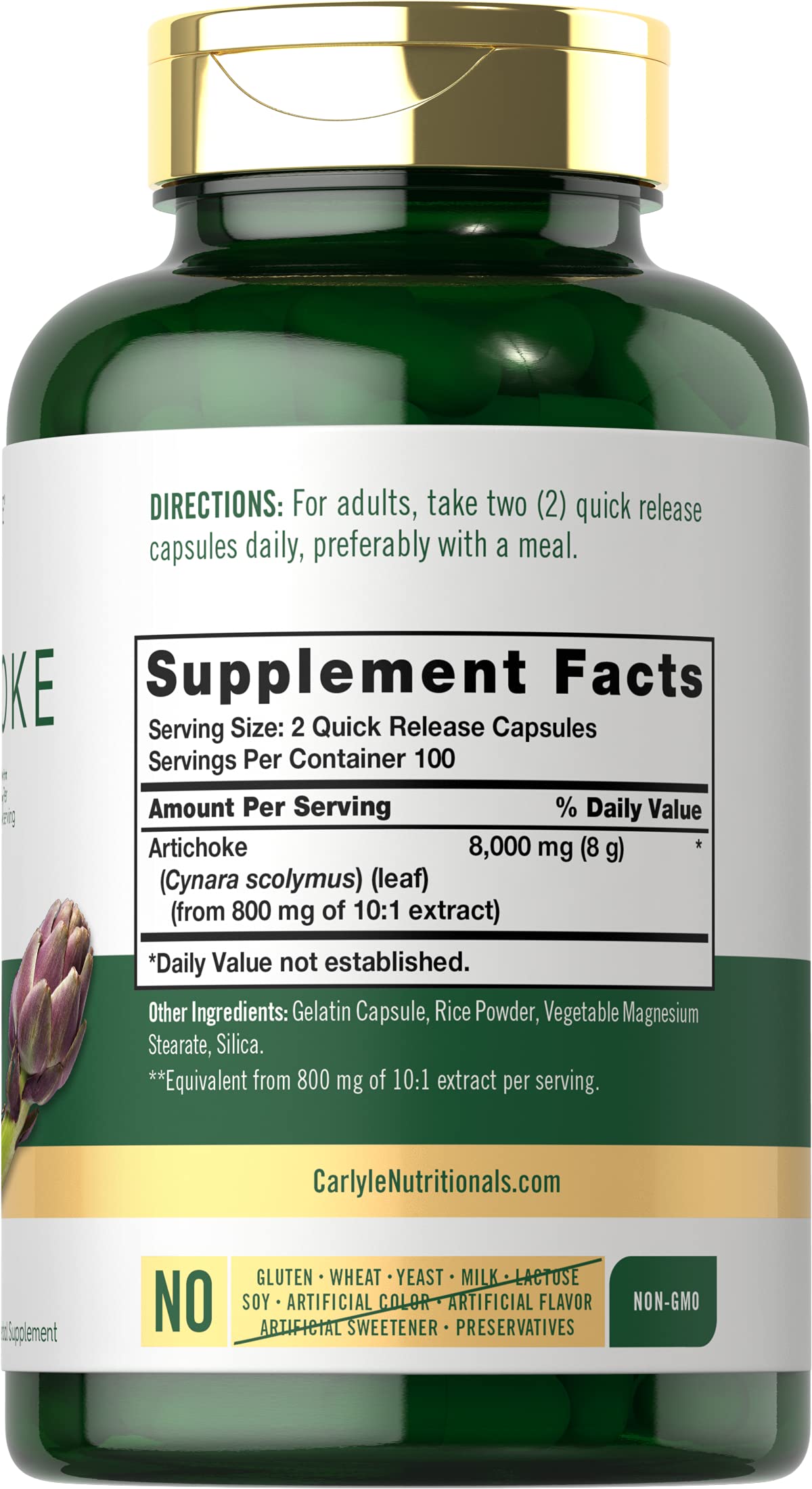 Carlyle Artichoke Extract supplement label details showing non GMO and gluten free certifications