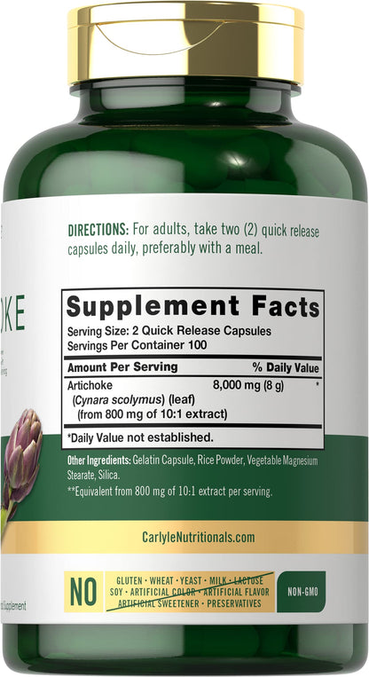 Carlyle Artichoke Extract supplement label details showing non GMO and gluten free certifications