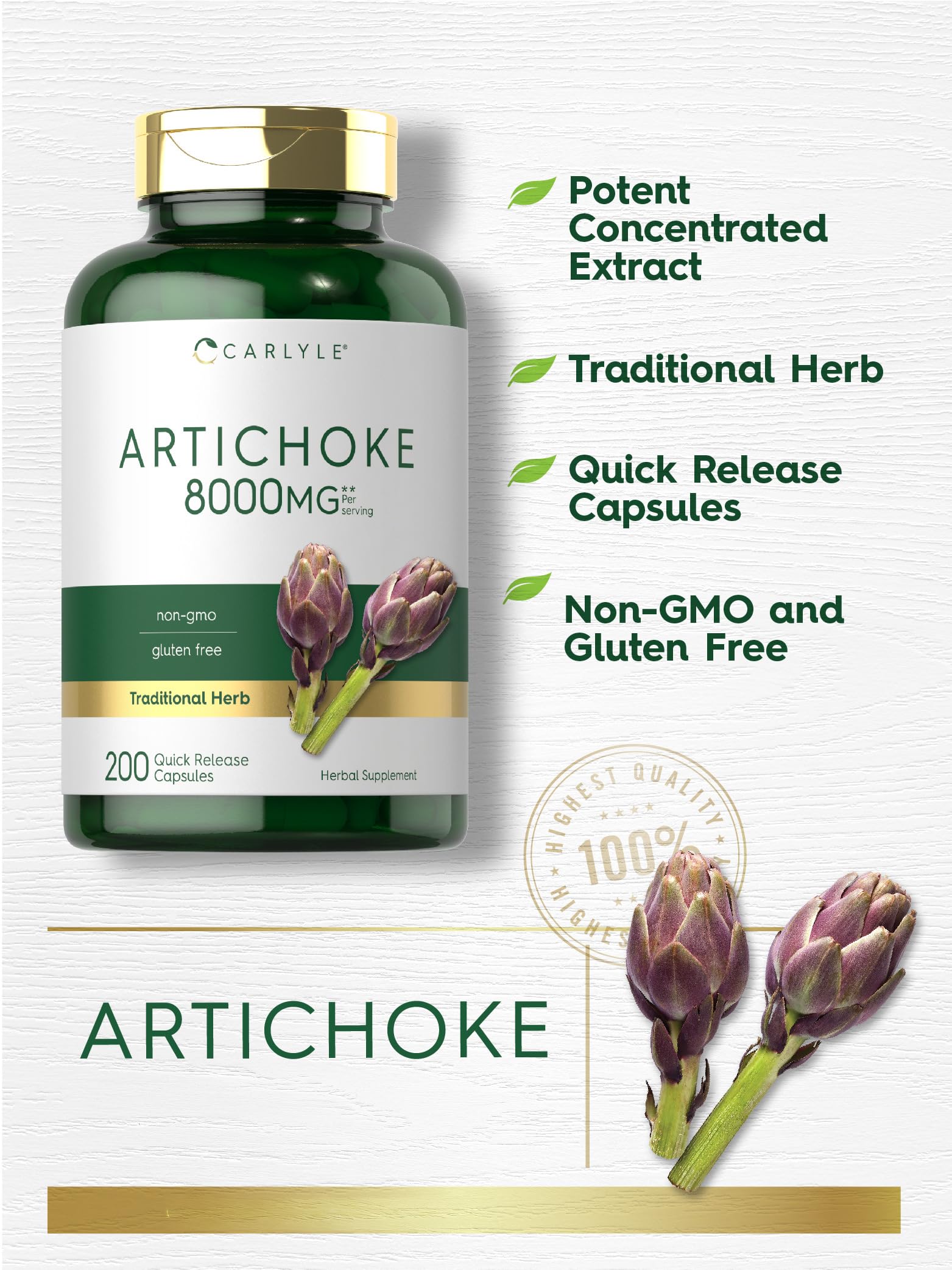 High potency artichoke leaf herbal supplement by Carlyle showing dietary details and capsule count